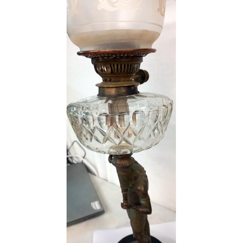 1355 - A Victorian Egyptian revival figure oil lamp with cut glass font and tulip shade. COLLECT ONLY,