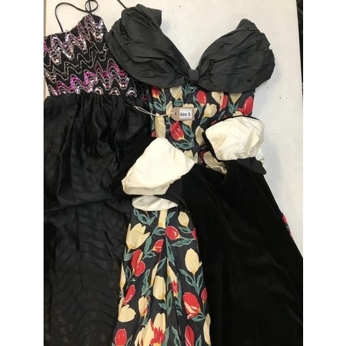 600S - 3 Dresses. 1x Little Black Velvet dress size 14. 1 x 2 tier dress with sequin top. 1x off shoulder d... 