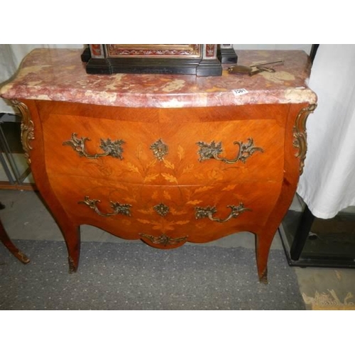 1581 - A good French marble top bombe commode with inlaid brass mounts. COLLECT ONLY.