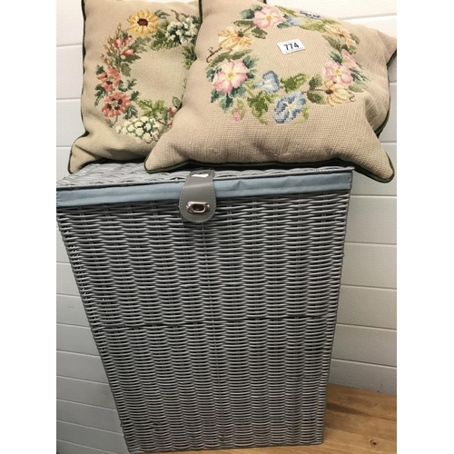 774 - Grey Linen basket with 2 tapestry cushion and a brown throw