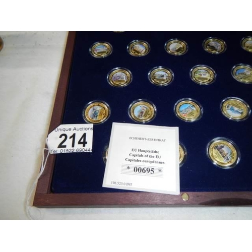 214 - A cased set of capitols of the EU collector's coins.