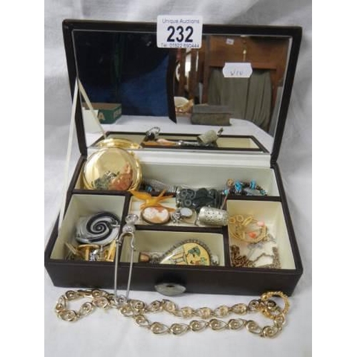 232 - A jewellery box with assorted costume jewellery including cameo.