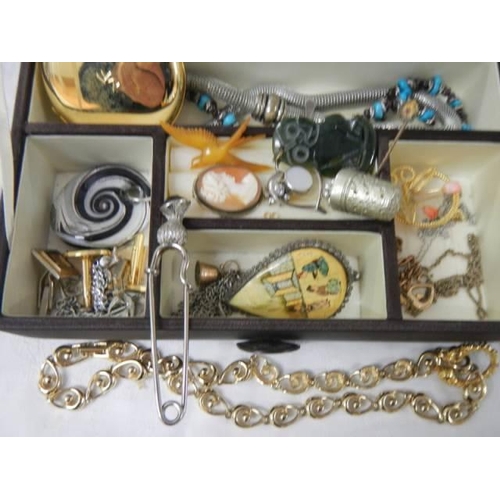 232 - A jewellery box with assorted costume jewellery including cameo.