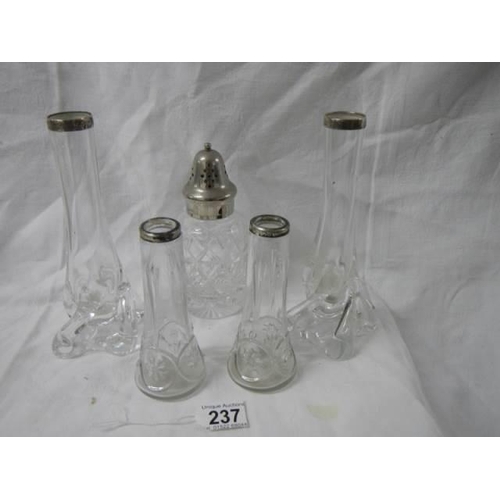 237 - Two pairs of silver topped vases and a silver topped sugar sifter.