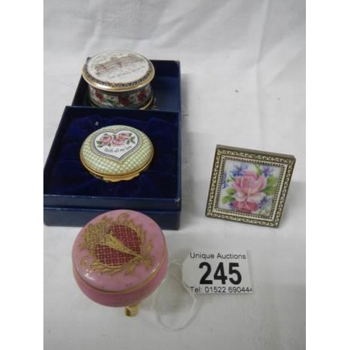 245 - Three good quality pill boxes and a miniature floral picture.