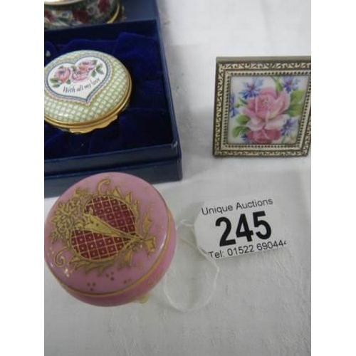 245 - Three good quality pill boxes and a miniature floral picture.