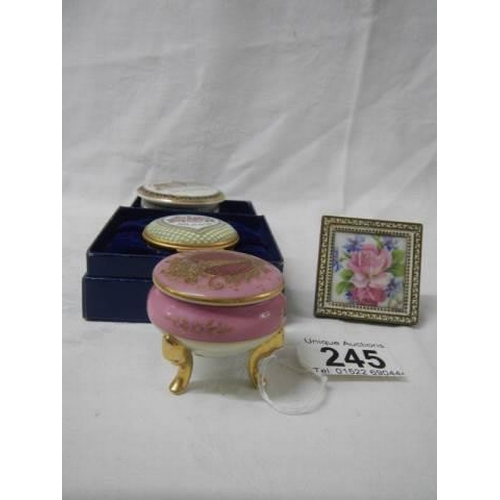 245 - Three good quality pill boxes and a miniature floral picture.