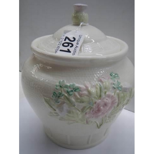 261 - A Belleek biscuit/cookie jar, in good condition.