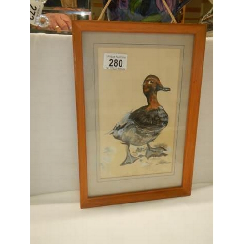 280 - A framed and glazed watercolour of a duck by Chris Clark.