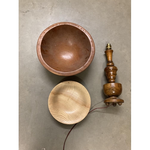 534 - A trio of wooden items, a turned Lamp Base,a small beech dish and larger fruit wood bowl.