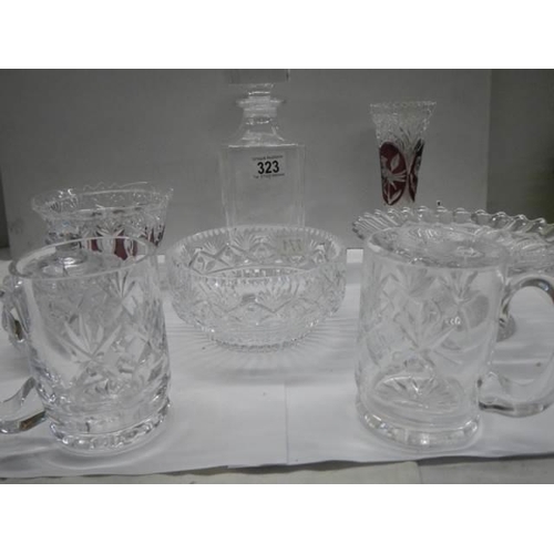 323 - A good lot of cut and other glass ware including decanter, COLLECT ONLY.