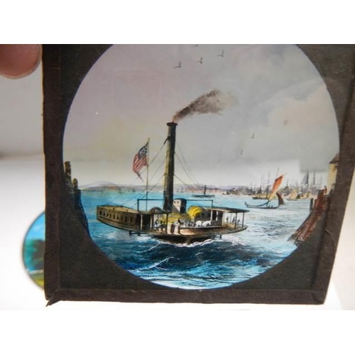 328 - Two hand painted magic lantern slides and three others (one with chip on corner).