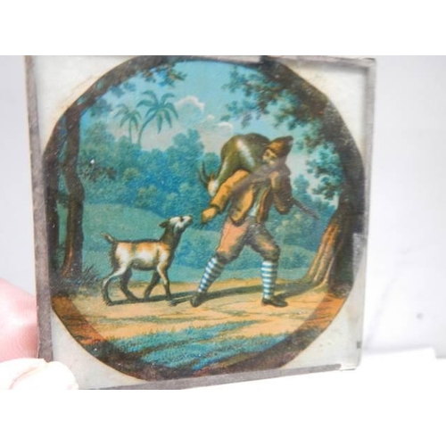 328 - Two hand painted magic lantern slides and three others (one with chip on corner).