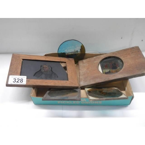 328 - Two hand painted magic lantern slides and three others (one with chip on corner).