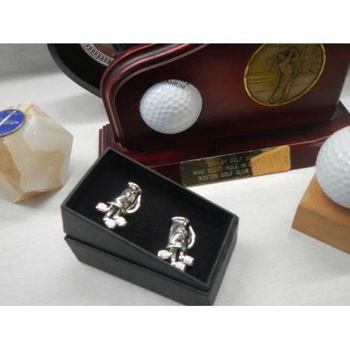 371 - A mixed lot of golfing trophies, cuff links, decanter etc.,