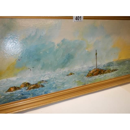 401 - A gilt framed oil painting entitled 'Barrel Rock Tide In' signed Don Blizzard. COLLECT ONLY.