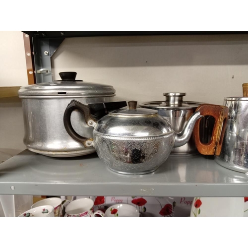 607 - A Stainless pan set & 2 vintage tea pots