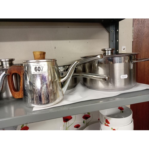 607 - A Stainless pan set & 2 vintage tea pots