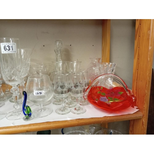 631 - A coloured glass basket & Crystal glasses etc