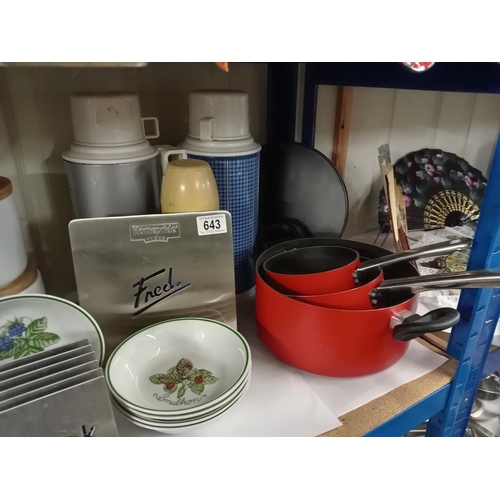 643 - A Shelf full of kitchen items, pans etc