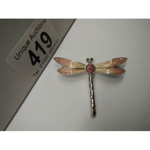 419 - An enamel dragonfly brooch.