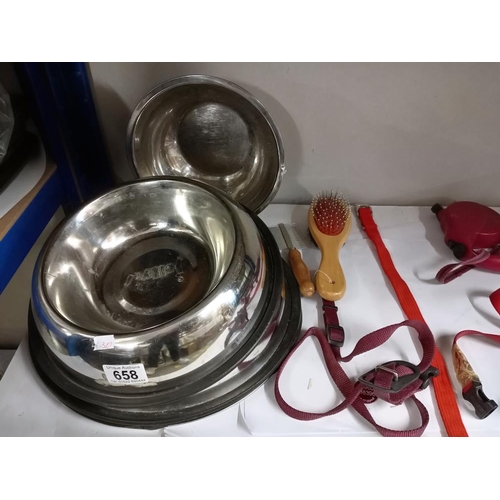 658 - 3 Large dog bowls, Collars & Harness