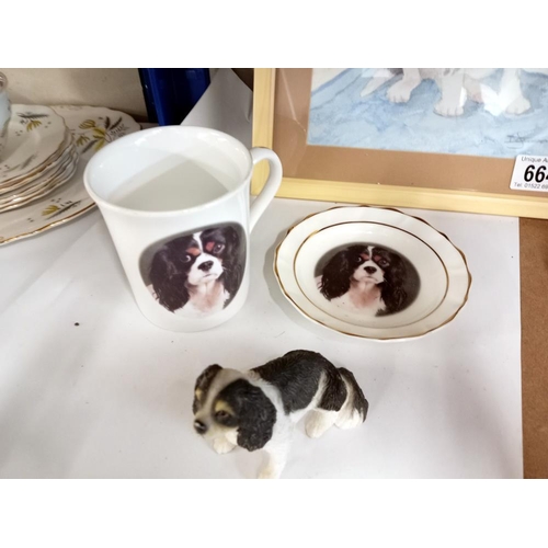 664 - A King Charles spaniel in pastels & Pin tray mug & figure