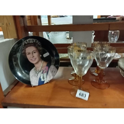 683 - 5 Vintage glasses & 4 plates commemorating 'Lords' & A Queen Elizabeth plate A/F