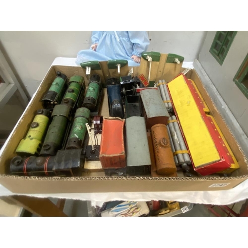 2742 - A large box of '0' guage Hornby etc, Clockwork engines & Goods wagons