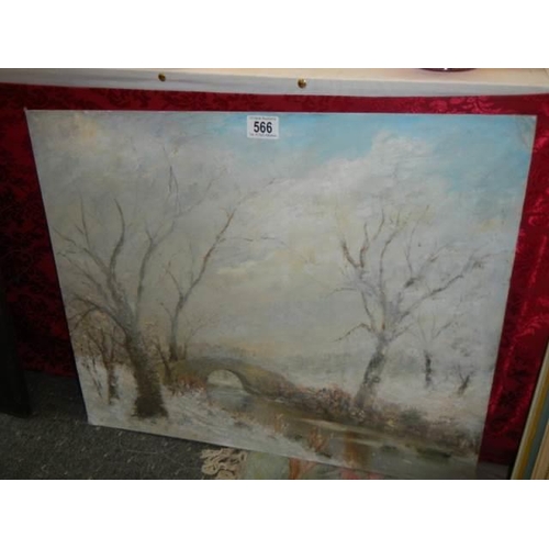 566 - An unframed oil on board rural scene with bridge, COLLECT ONLY.