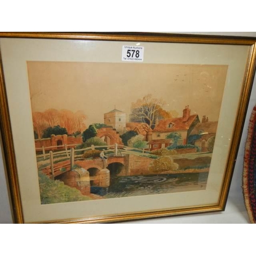 578 - A pair of framed and glazed watercolours featuring bridges. COLLECT ONLY.