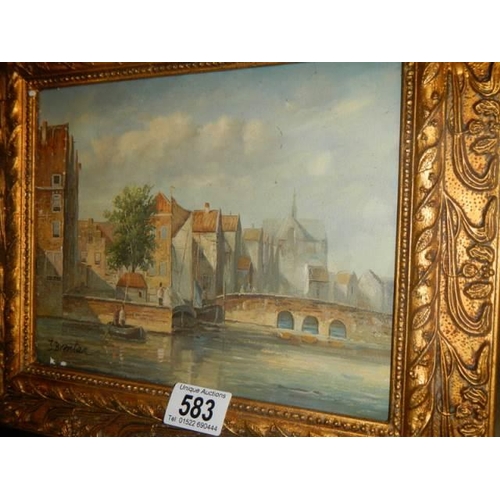 583 - A Good gilt framed continental river scene signed Brentan.