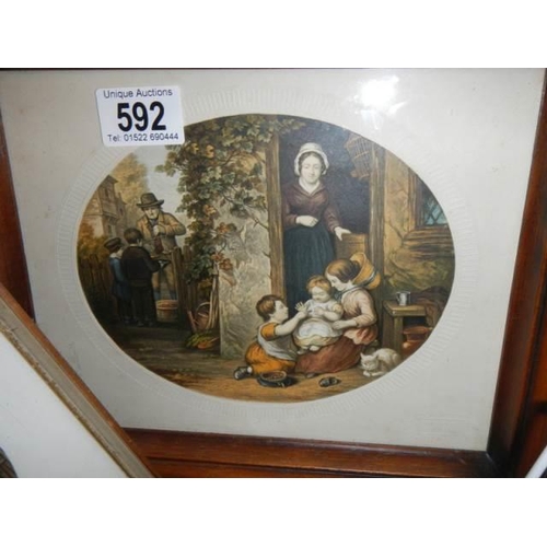 592 - Three good framed and glazed oval pictures. COLLECT ONLY.