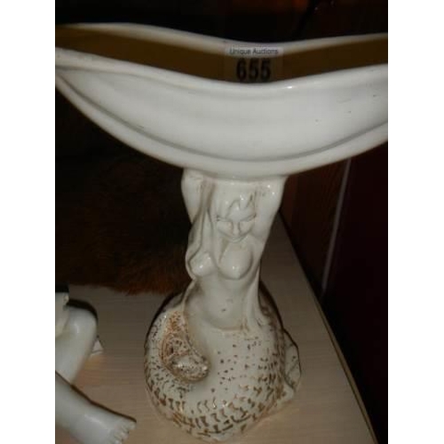 655 - A mermaid soap dish and a cherub figure.