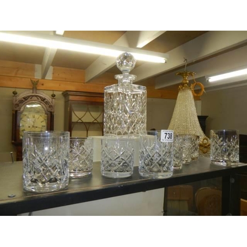 738 - A cut glass decanter and whisky tumblers,