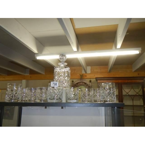 738 - A cut glass decanter and whisky tumblers,