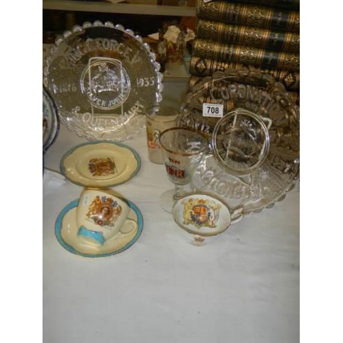 708 - A mixed lot of commemorative glass and china.