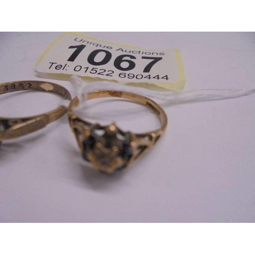 1067 - Two 9ct gold rings size K and K half (one missing a stone). 3.7 grams.