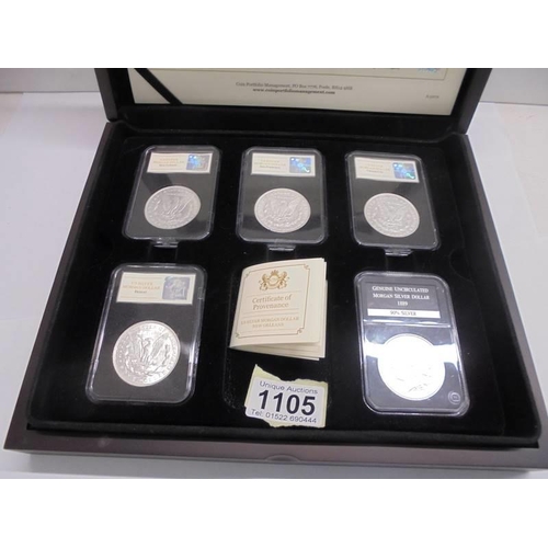 1105 - The Complete Morgan Dollar Mint Mark Collection in silver.  In a wooden case.