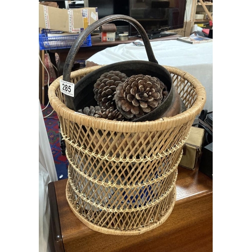 285 - A Coal scuttle / bucket, Fir cones & basket A/F