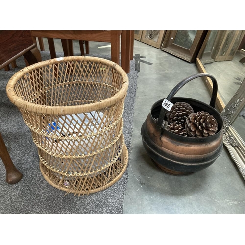 285 - A Coal scuttle / bucket, Fir cones & basket A/F