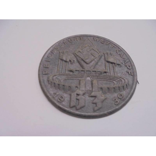 1142 - A 1939 Reichssport Wettkampf badge, a 1 Mai 1937 German workers badge and three WW2 German coins 194... 