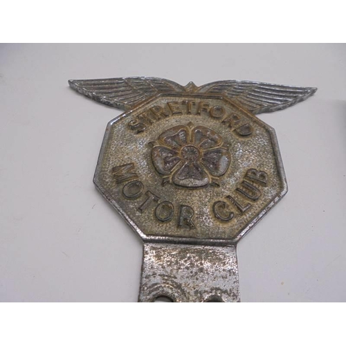 1149 - A Stretford Motor Club car badge, A British Motorcycle Racing club car badge and an AA badge.