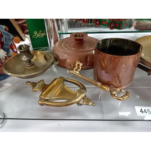 445 - A quantity of interesting metal & copper items including Warmer, lamp etc