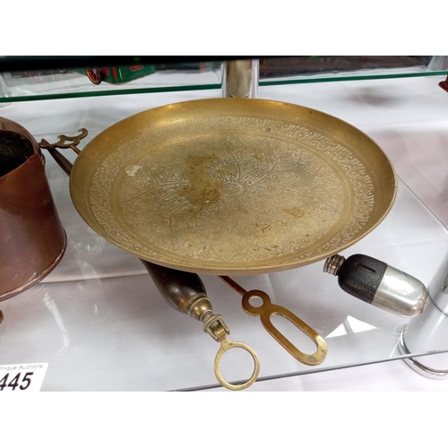 445 - A quantity of interesting metal & copper items including Warmer, lamp etc