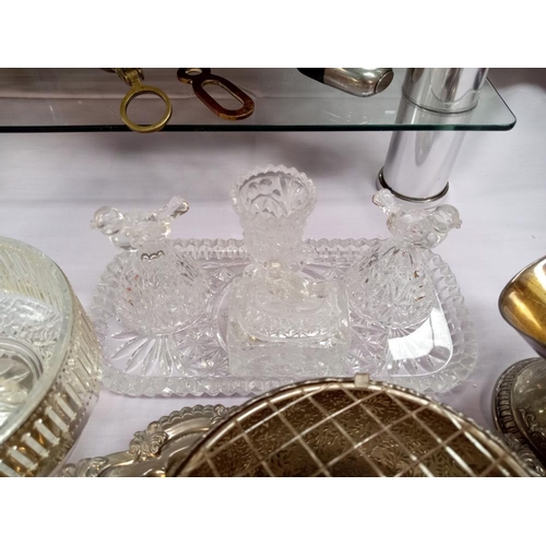 447 - A quantity of silver plate & A dressing table set depicting birds etc