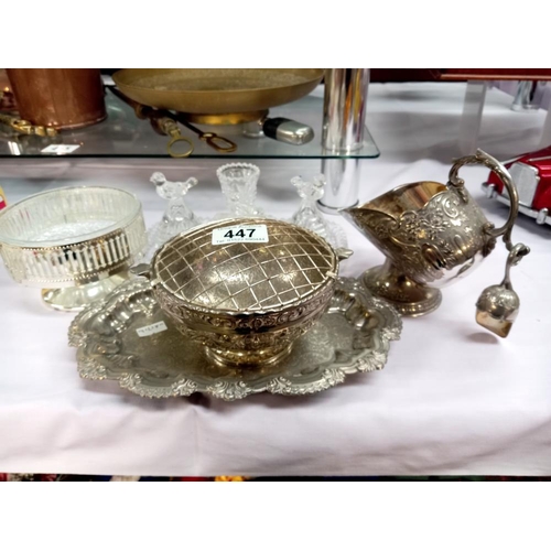 447 - A quantity of silver plate & A dressing table set depicting birds etc