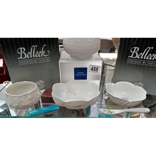 455 - 2 Boxed Belleek bowls, An unboxed Belleek bowl & A Belleek candle holder.