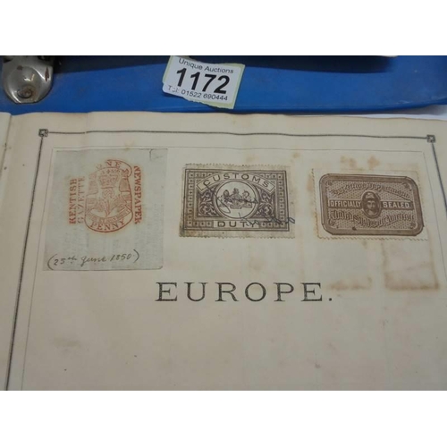 1172 - An early stamp album including penny black, 2d blue, Victorian, European, Commonwealth and a folder ... 