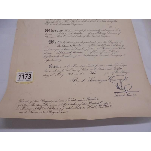 1173 - An MBE certificate of Major Joseph Morris Hall signed by Queen Elizabeth II and Prince Phillip with ... 